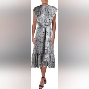 Y2K 90s Silk Dress 10 Como Midi Tie Front Speckled Designer Cocktail Resortware